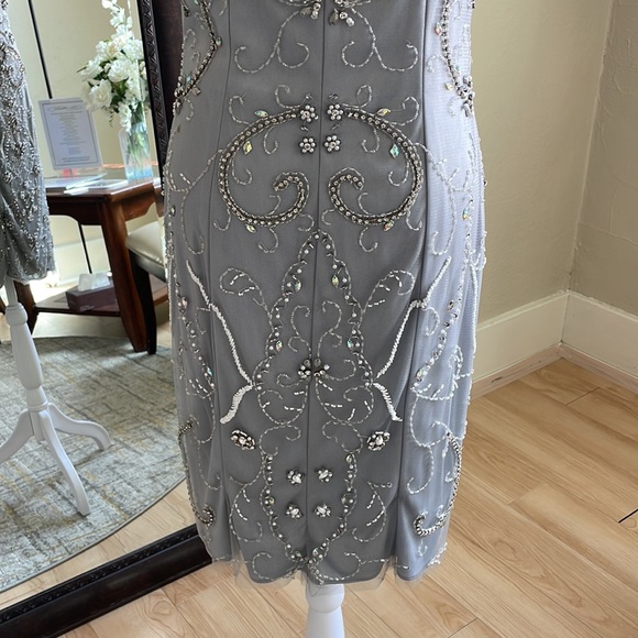 Size 6 very light gray-blue tank strap fully beaded midi by Abby Paris, like new - Picture 6 of 7